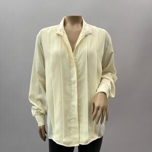 Pierre Cardin Vtg Top Women 10 Cream Button Up Shirt Ruffle Pleat Secretary